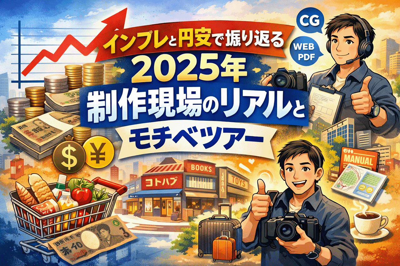 2025年のインフレと円安を背景に、制作現場のリアルとモチベツアーを表現したイラスト