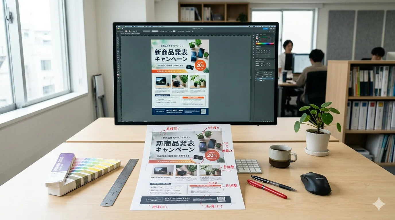 モニター上のデザイン案と印刷見本を比較し、印刷時の仕上がりの違いを確認している制作現場
