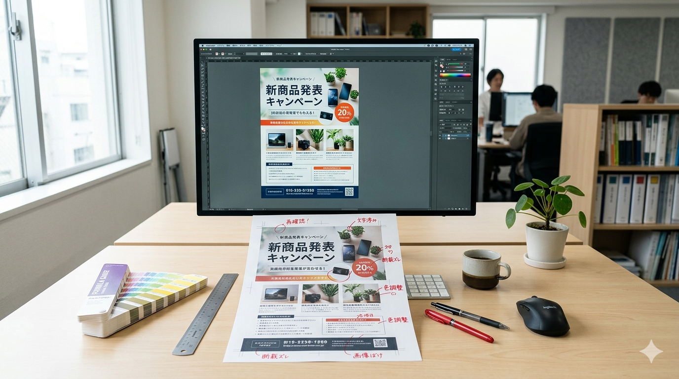 モニター上のデザイン案と印刷見本を比較し、印刷時の仕上がりの違いを確認している制作現場